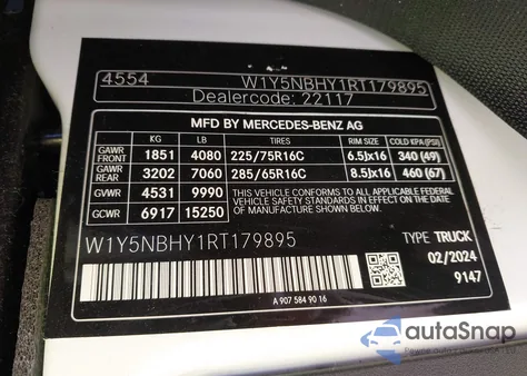 2024 Mercedes-Benz Sprinter 3500 Standard Roof 4-Cyl Diesel Ho from USA, damaged, VIN W1Y5NBHY1RT179895